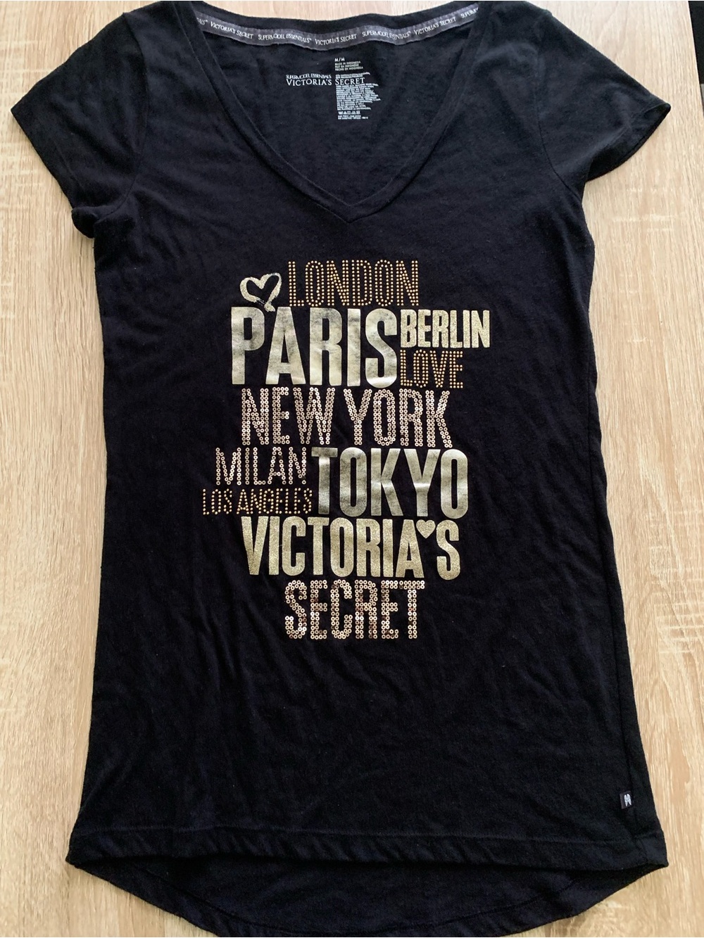 Victoria's Secret Black Short-Sleeve V-Neck Tee with Gold City Print